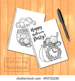 Spiral bound notepad or coloring book with Halloween page picture. Vector template or mock up. Easy to place your image on the cover.Top view.