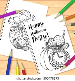 Spiral bound notepad or coloring book with Halloween coloring page picture. Vector template or mock up. Easy to place your image on the cover.Top view.