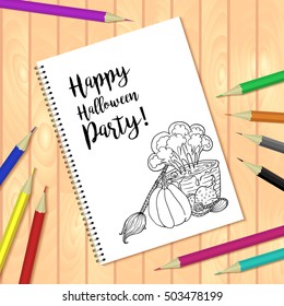 Spiral bound notepad or coloring book with Halloween coloring page picture. Vector template or mock up. Easy to place your image on the cover.Top view.