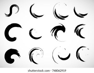 Spiral Brush Stroke Elements . Swirls . Set of Round Shapes . Grunge surfing waves