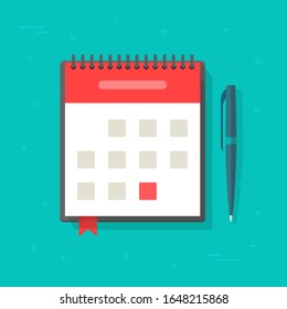 Spiral calendar agenda with pen top view vector flat cartoon illustration isolated