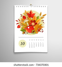 Spiral calendar. Autumn leaves, apples, mushrooms and berries. Paper cut style. Mockup with shadows and elements for design