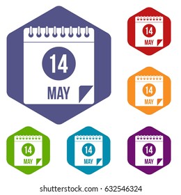 Spiral calendar page, 14th of May icons set hexagon isolated vector illustration