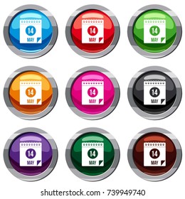 Spiral calendar page, 14th of May set icon isolated on white. 9 icon collection vector illustration