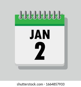 Spiral calendar page with single day 2nd of January. Square icon with shadow. A single calendar page of January. Flat icon on grey background.