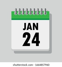 Spiral calendar page with single day 24th of January. Square icon with shadow. A single calendar page of January. Flat icon on grey background.