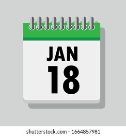 Spiral calendar page with single day 18th of January. Square icon with shadow. A single calendar page of January. Flat icon on grey background.