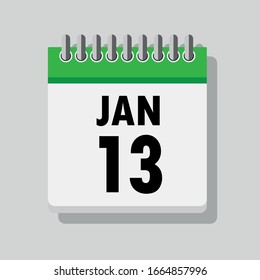 Spiral calendar page with single day 13th of January. Square icon with shadow. A single calendar page of January. Flat icon on grey background.