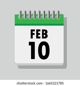 Spiral calendar page with single day 10th of February. Square icon with shadow. A single calendar page of January. Flat icon on grey background.