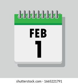 Spiral calendar page with single day 1st of February. Square icon with shadow. A single calendar page of January. Flat icon on grey background.