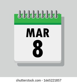 Spiral calendar page with single day 8th of March. Square icon with shadow. A single calendar page of January. Flat icon on grey background.