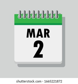 Spiral calendar page with single day 2nd of March. Square icon with shadow. A single calendar page of January. Flat icon on grey background.
