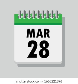 Spiral calendar page with single day 28th of March. Square icon with shadow. A single calendar page of January. Flat icon on grey background.