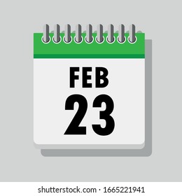Spiral calendar page with single day 23rd of February. Square icon with shadow. A single calendar page of January. Flat icon on grey background.