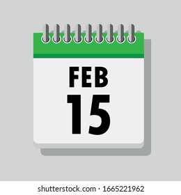 Spiral calendar page with single day 15th of February. Square icon with shadow. A single calendar page of January. Flat icon on grey background.