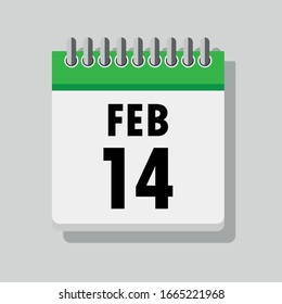 Spiral calendar page with single day 14th of February. Square icon with shadow. A single calendar page of January. Flat icon on grey background.