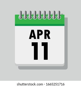 Spiral calendar page with single day 11th of April. Square icon with shadow. A single calendar page of January. Flat icon on grey background.