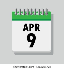Spiral calendar page with single day 9th of April. Square icon with shadow. A single calendar page of January. Flat icon on grey background.