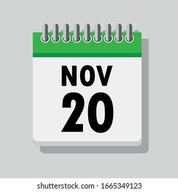 Spiral calendar page with single day 20th of November. Square icon with shadow. A single calendar page of January. Flat icon on grey background.
