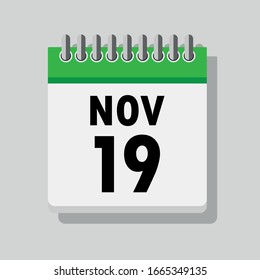 Spiral calendar page with single day 19th of November. Square icon with shadow. A single calendar page of January. Flat icon on grey background.