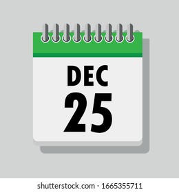 Spiral calendar page with single day 25th of December. Square icon with shadow. A single calendar page of January. Flat icon on grey background.