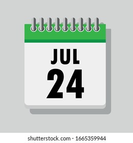 Spiral calendar page with single day 24th of July. Square icon with shadow. A single calendar page of January. Flat icon on grey background.