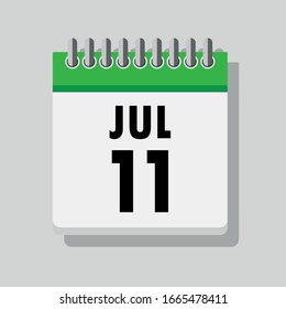 Spiral calendar page with single day 11th of July. Square icon with shadow. A single calendar page of January. Flat icon on grey background.