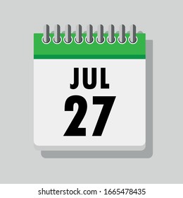 Spiral calendar page with single day 27th of July. Square icon with shadow. A single calendar page of January. Flat icon on grey background.