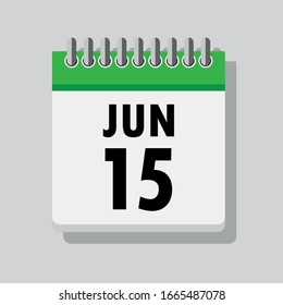 Spiral calendar page with single day 15th of June. Square icon with shadow. A single calendar page of January. Flat icon on grey background.