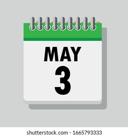 Spiral calendar page with single day 3rd of May. Square icon with shadow. A single calendar page of January. Flat icon on grey background.