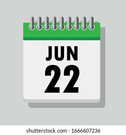 Página del calendario de espiral con un solo día 22 de junio. Icono cuadrado con sombra. Una sola página del calendario de enero. Icono plano sobre fondo gris.