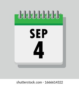 Spiral calendar page with single day 4th of September. Square icon with shadow. A single calendar page of January. Flat icon on grey background.