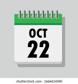 Spiral calendar page with single day 22nd of October. Square icon with shadow. A single calendar page of January. Flat icon on grey background.