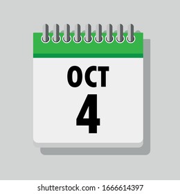 Spiral calendar page with single day 4th of October. Square icon with shadow. A single calendar page of January. Flat icon on grey background.