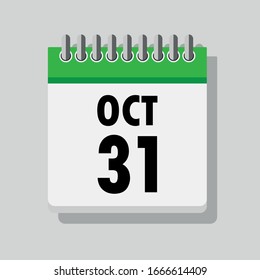 Spiral calendar page with single day 31st of October. Square icon with shadow. A single calendar page of January. Flat icon on grey background.