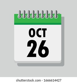 Spiral calendar page with single day 26th of October. Square icon with shadow. A single calendar page of January. Flat icon on grey background.