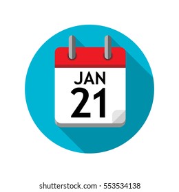 Spiral calendar page with single day. 21st of January. Round icon with shadow.
