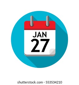 Spiral calendar page with single day. 27th of January. Round icon with shadow.