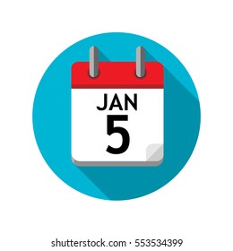 Spiral calendar page with single day. 5th of January. Round icon with shadow.