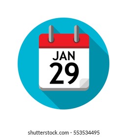 Spiral calendar page with single day. 29th of January. Round icon with shadow.