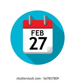 Spiral calendar page with single day. 27th of February. Round icon with shadow.