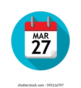 Spiral calendar page with single day. 27th of March. Round icon with shadow.