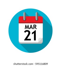 Spiral calendar page with single day. 21st of March. Round icon with shadow.