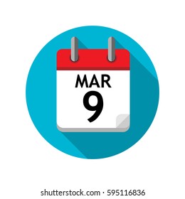 Spiral calendar page with single day. 9th of March. Round icon with shadow.