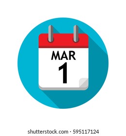 Spiral calendar page with single day. 1st of March. Round icon with shadow.