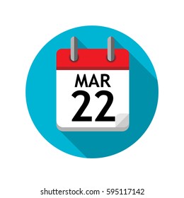 Spiral calendar page with single day. 22nd of March. Round icon with shadow.