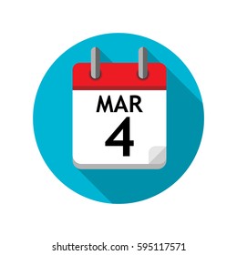 Spiral calendar page with single day. 4th of March. Round icon with shadow.