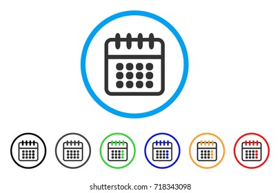 Spiral Calendar rounded icon. Style is a flat spiral calendar grey symbol inside light blue circle with black, gray, green, blue, red, orange versions. Vector designed for web and software interfaces.