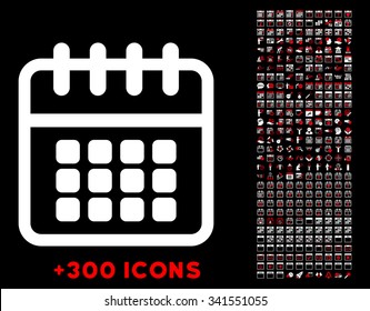 Spiral Calendar vector pictogram with additional 300 date and time management icons. Style is bicolor flat symbols, red and white colors, rounded angles, black background.
