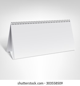 Spiral calendar vector template. Horizontal table calendar with blank pages and black spiral with soft shadows isolated on white background.
